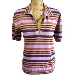 Happy Sheep Women Lilac Striped Short Sleeve Cotton Polo Sweater Top Sz L Italy